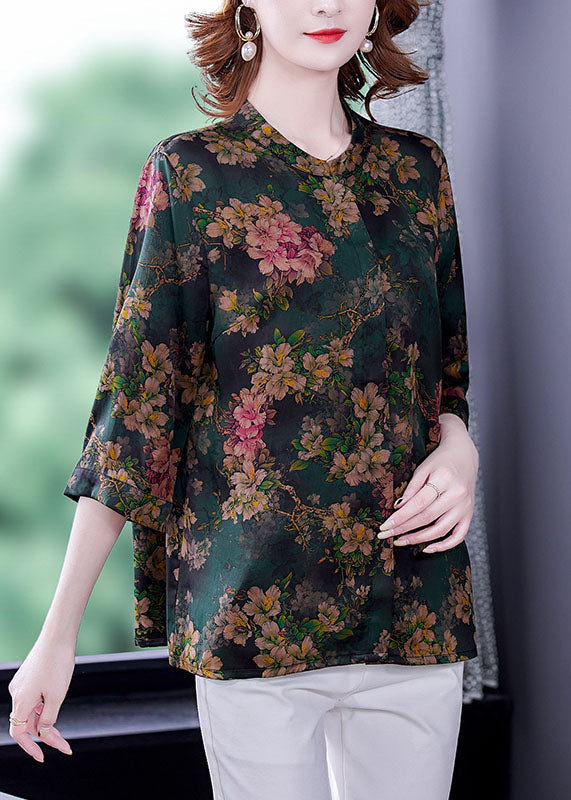 Women Green Stand Collar Print Silk Shirt Bracelet Sleeve LC0269 - fabuloryshop