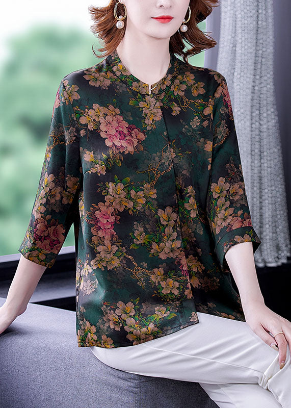 Women Green Stand Collar Print Silk Shirt Bracelet Sleeve LC0269 - fabuloryshop