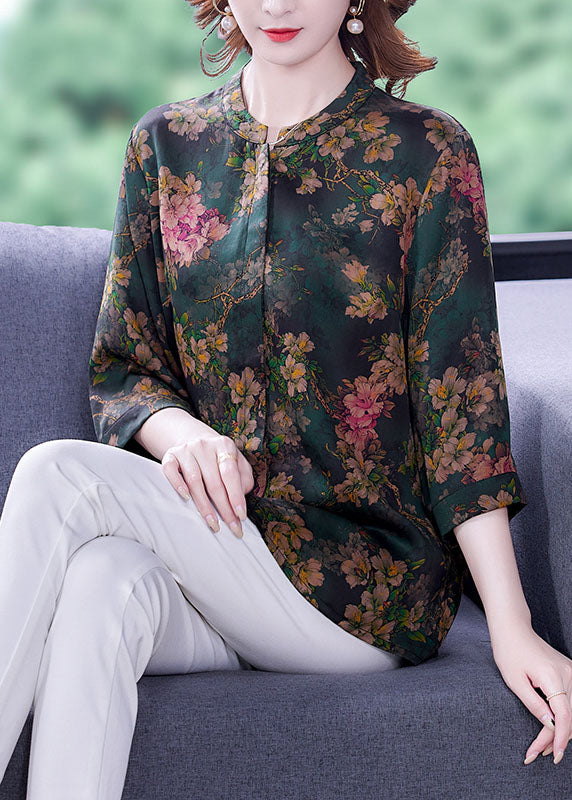 Women Green Stand Collar Print Silk Shirt Bracelet Sleeve LC0269 - fabuloryshop