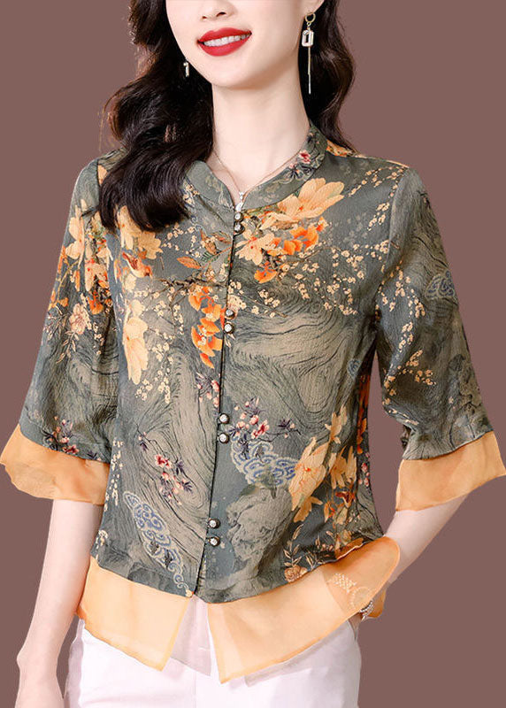 Women Green Stand Collar Tulle Patchwork Print Silk Shirt Tops Half Sleeve LY0042 - fabuloryshop