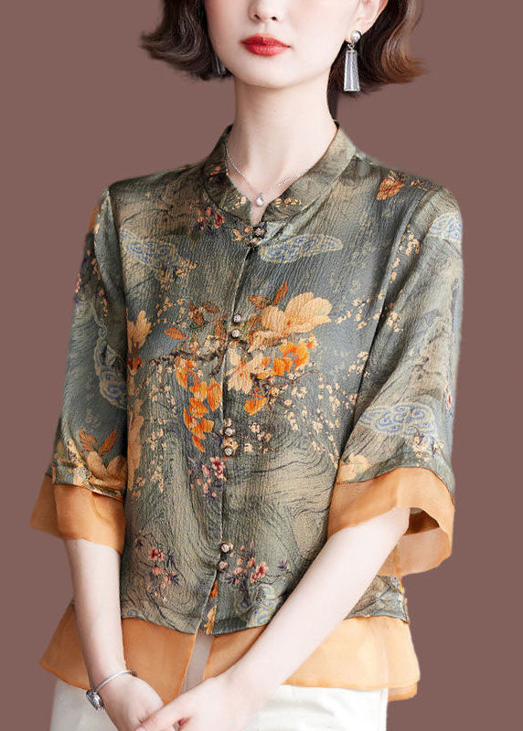 Women Green Stand Collar Tulle Patchwork Print Silk Shirt Tops Half Sleeve LY0042 - fabuloryshop