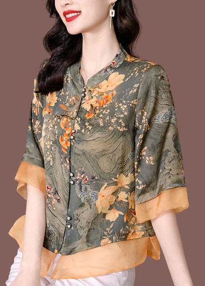 Women Green Stand Collar Tulle Patchwork Print Silk Shirt Tops Half Sleeve LY0042 - fabuloryshop