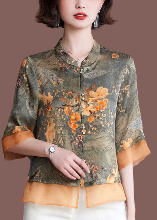 Women Green Stand Collar Tulle Patchwork Print Silk Shirt Tops Half Sleeve LY0042 - fabuloryshop