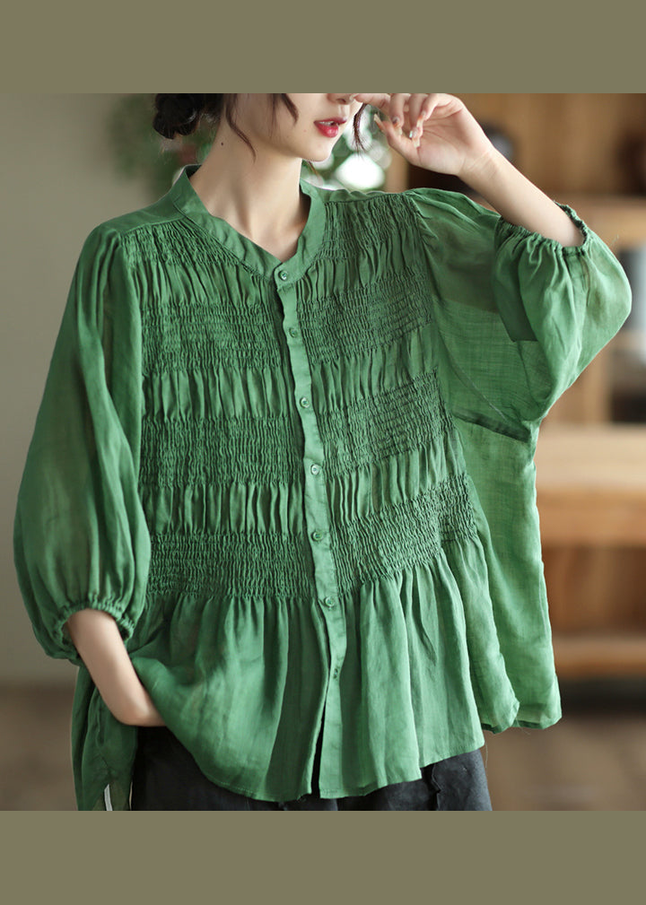 Women Green Stand Collar Wrinkled Patchwork Cotton Shirt Summer Ada Fashion