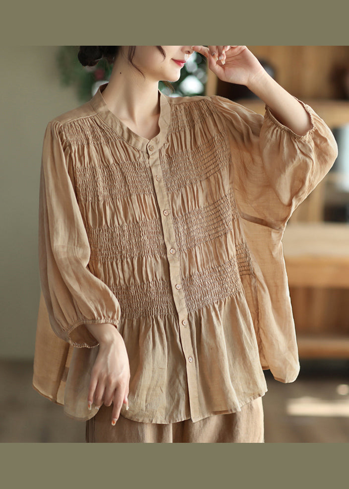 Women Green Stand Collar Wrinkled Patchwork Cotton Shirt Summer Ada Fashion