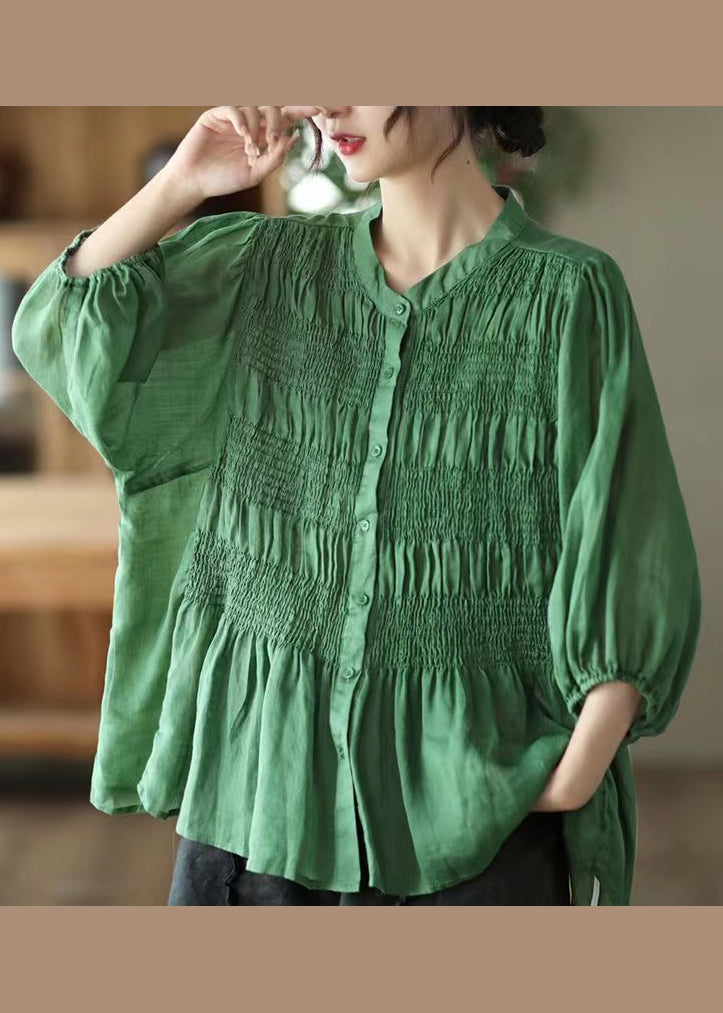 Women Green Stand Collar Wrinkled Patchwork Cotton Shirt Summer Ada Fashion