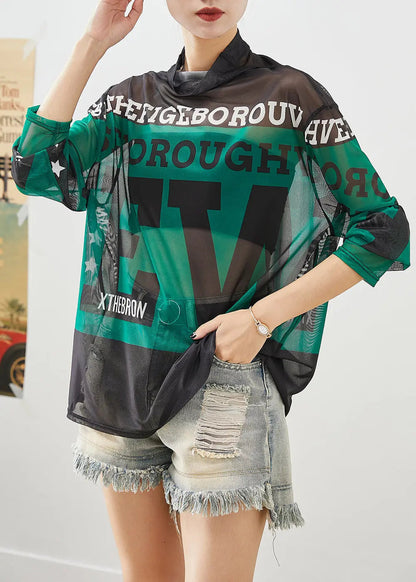 Women Green Turtle Neck Letter Print Tulle Tops Fall Ada Fashion