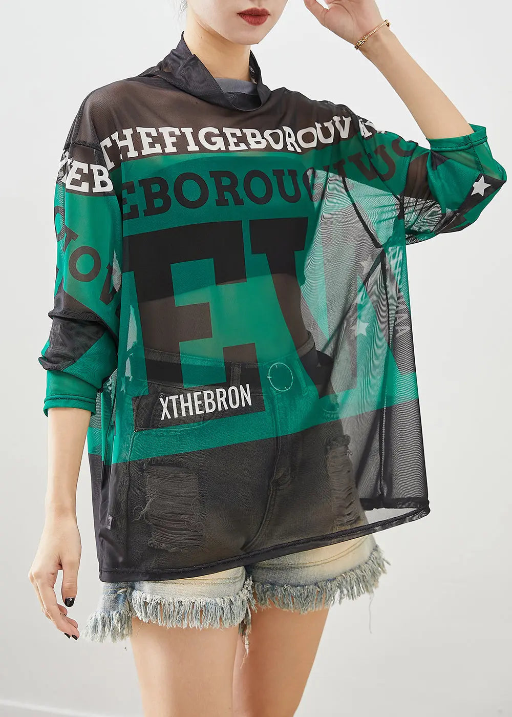 Women Green Turtle Neck Letter Print Tulle Tops Fall Ada Fashion