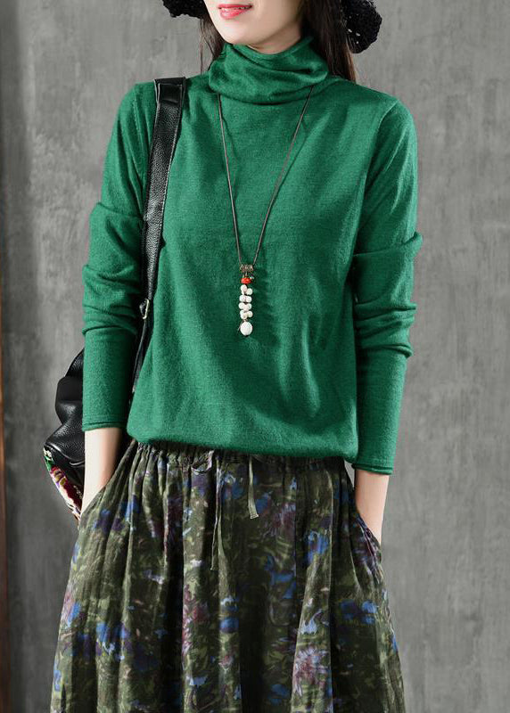 Women Green Turtleneck Patchwork Knitting Cotton Long Sleeve Ada Fashion