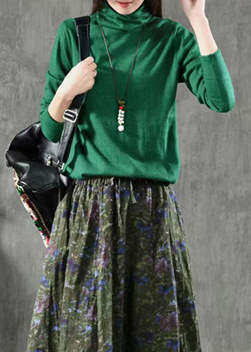 Women Green Turtleneck Patchwork Knitting Cotton Long Sleeve Ada Fashion