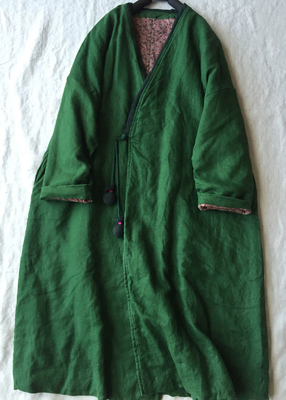 Women Green V Neck Button Cotton Filled Parka Long Coats Winter Ada Fashion