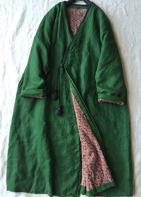 Women Green V Neck Button Cotton Filled Parka Long Coats Winter Ada Fashion