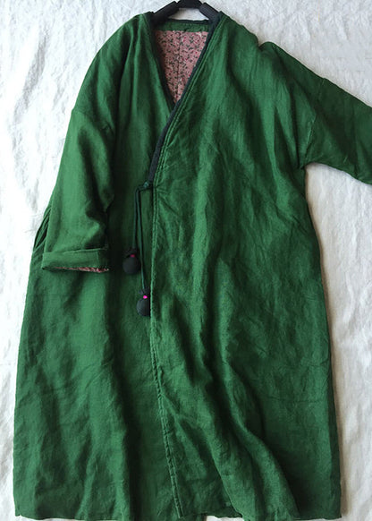 Women Green V Neck Button Cotton Filled Parka Long Coats Winter Ada Fashion