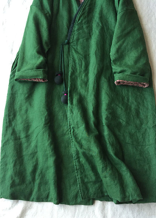 Women Green V Neck Button Cotton Filled Parka Long Coats Winter Ada Fashion