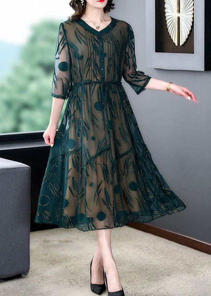 Women Green V Neck Embroideried Patchwork Silk Dress Summer LY5989 Ada Fashion