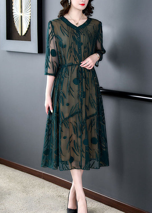 Women Green V Neck Embroideried Patchwork Silk Dress Summer LY5989 Ada Fashion