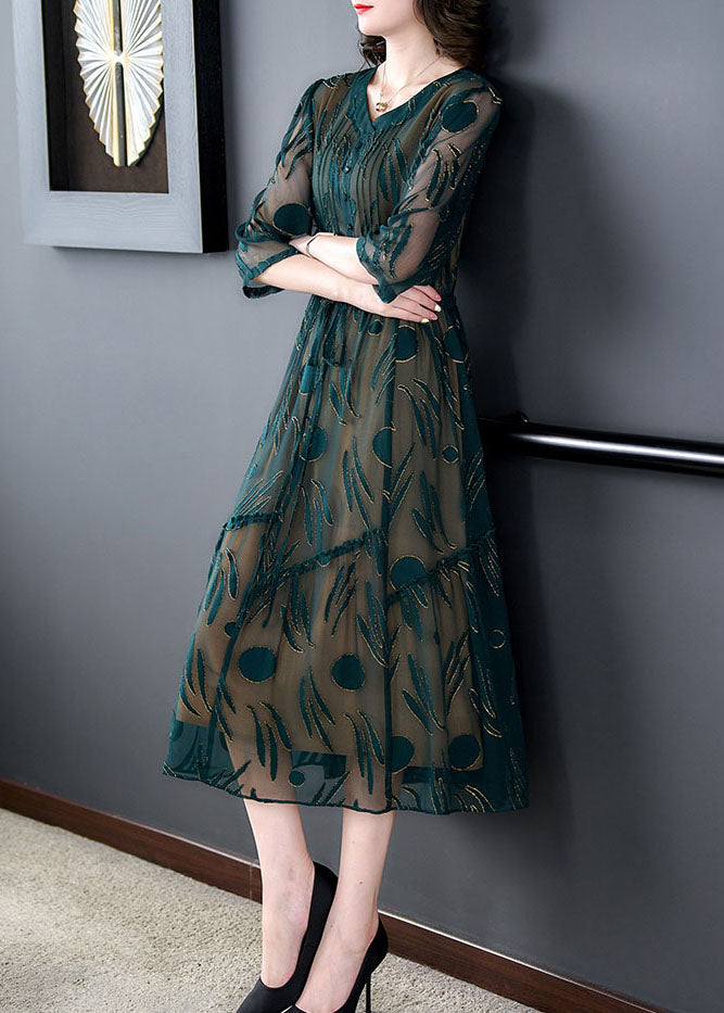 Women Green V Neck Embroideried Patchwork Silk Dress Summer LY5989 Ada Fashion