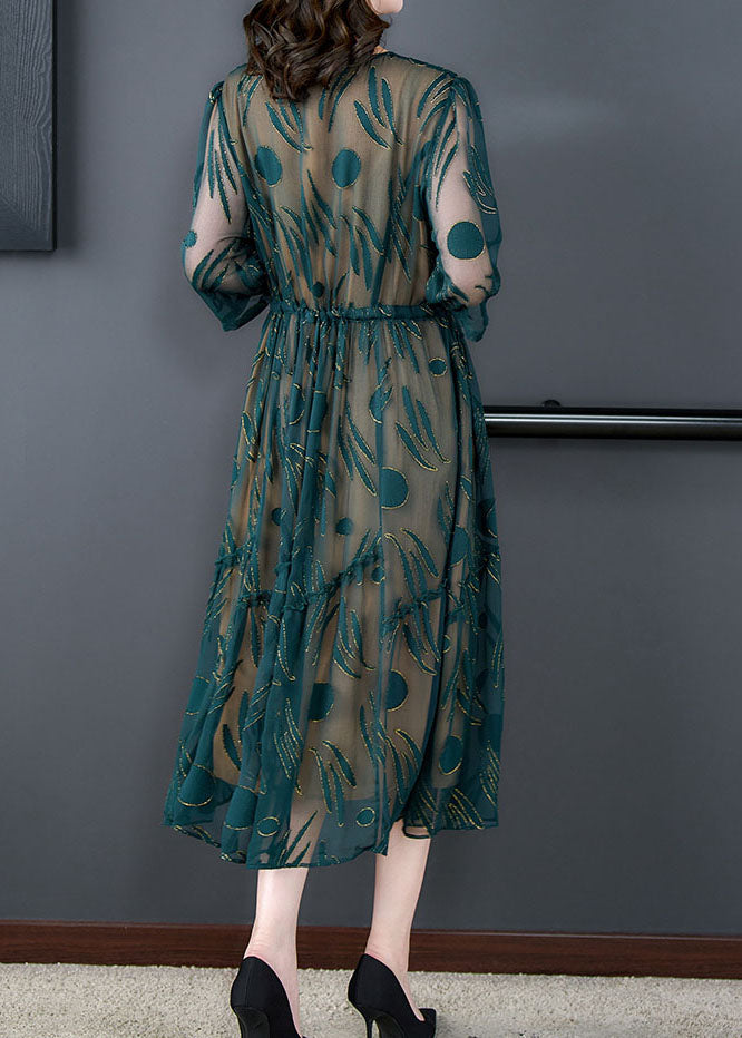 Women Green V Neck Embroideried Patchwork Silk Dress Summer LY5989 Ada Fashion