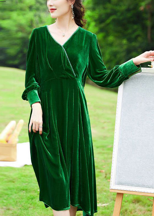 Women Green V Neck Patchwork Silk Velour Holiday Dress Spring LY0736 - fabuloryshop