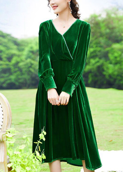 Women Green V Neck Patchwork Silk Velour Holiday Dress Spring LY0736