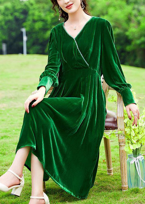 Women Green V Neck Patchwork Silk Velour Holiday Dress Spring LY0736