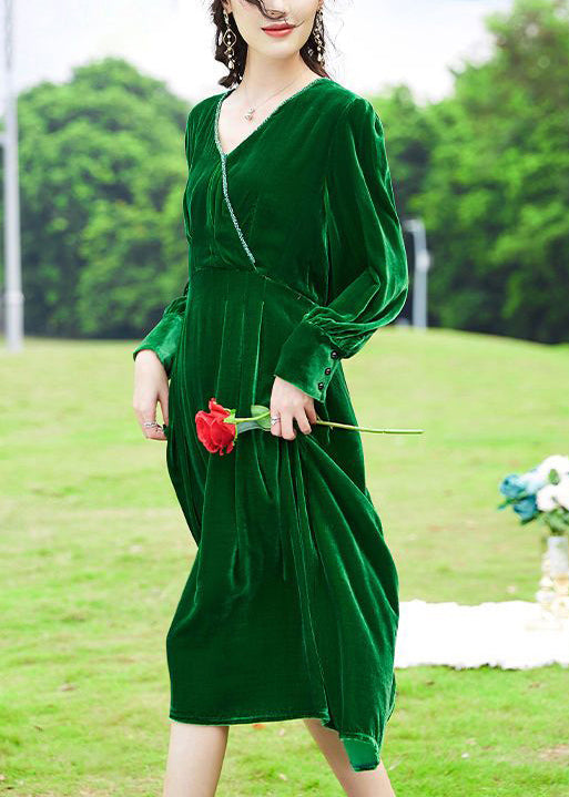 Women Green V Neck Patchwork Silk Velour Holiday Dress Spring LY0736 - fabuloryshop