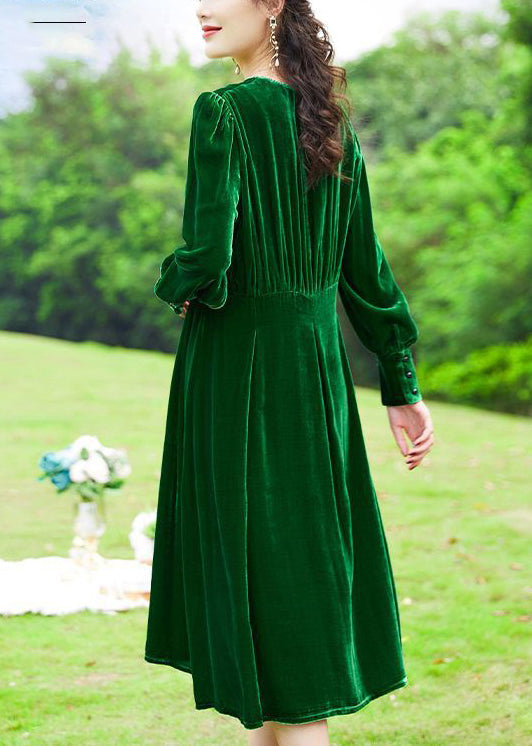 Women Green V Neck Patchwork Silk Velour Holiday Dress Spring LY0736 - fabuloryshop