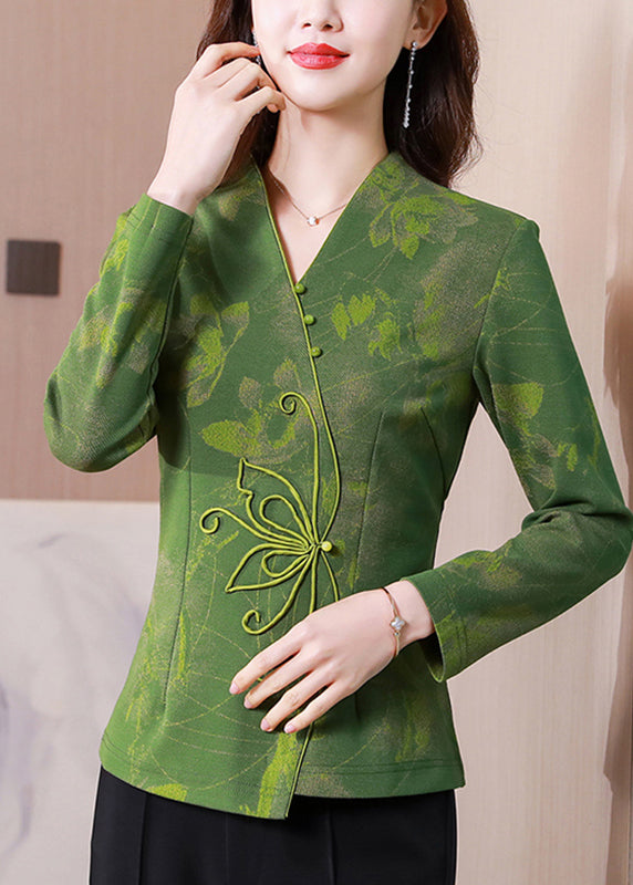 Women Green V Neck Patchwork Slim Fit Silk Tops Spring LY0420