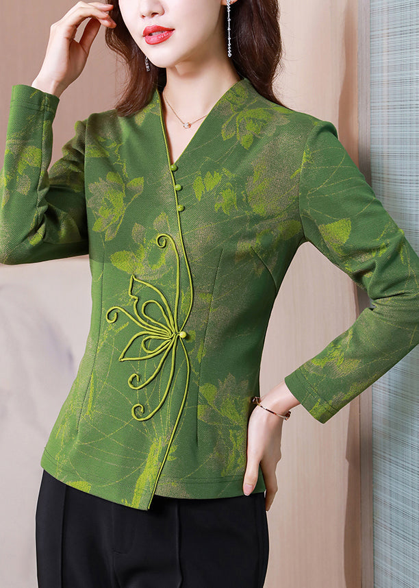 Women Green V Neck Patchwork Slim Fit Silk Tops Spring LY0420