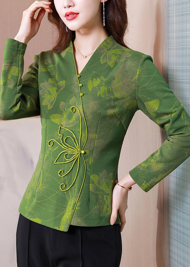 Women Green V Neck Patchwork Slim Fit Silk Tops Spring LY0420 - fabuloryshop