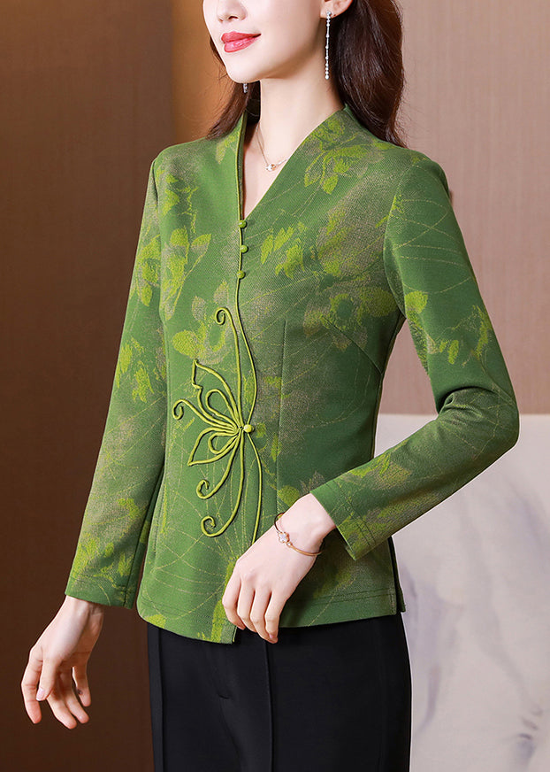 Women Green V Neck Patchwork Slim Fit Silk Tops Spring LY0420 - fabuloryshop