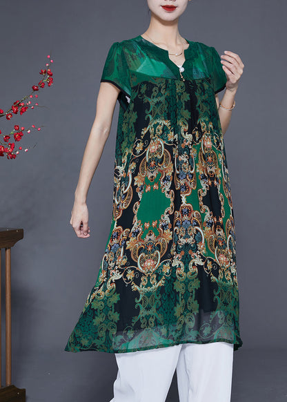 Women Green V Neck Print Chiffon Holiday Dress Summer LY2876 - fabuloryshop