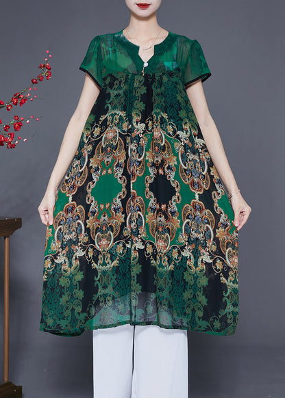 Women Green V Neck Print Chiffon Holiday Dress Summer LY2876 - fabuloryshop