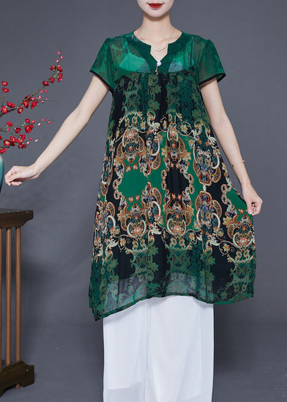 Women Green V Neck Print Chiffon Holiday Dress Summer LY2876 - fabuloryshop