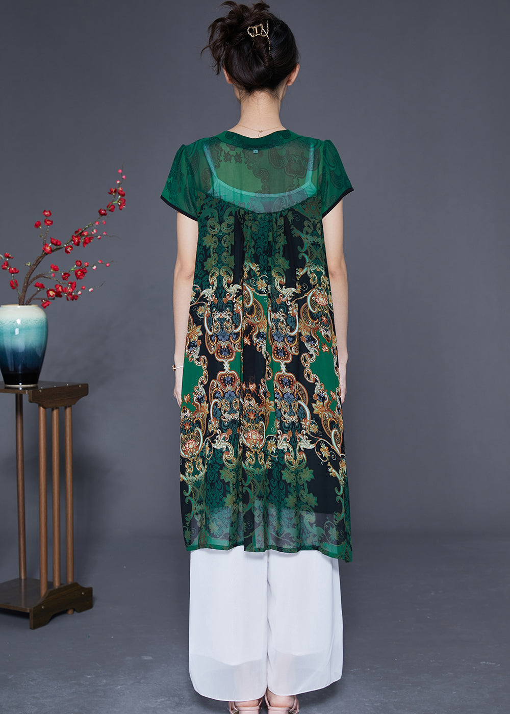 Women Green V Neck Print Chiffon Holiday Dress Summer LY2876 - fabuloryshop