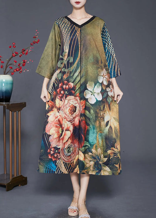 Women Green V Neck Print Silk A Line Dresses Bracelet Sleeve Ada Fashion