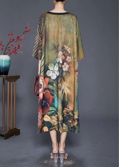 Women Green V Neck Print Silk A Line Dresses Bracelet Sleeve Ada Fashion