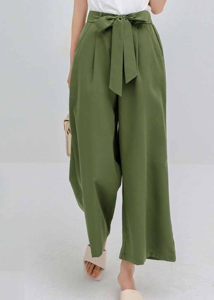 Women Green Wrinkled Bow Pockets Cotton Crop Pants Summer LY2189