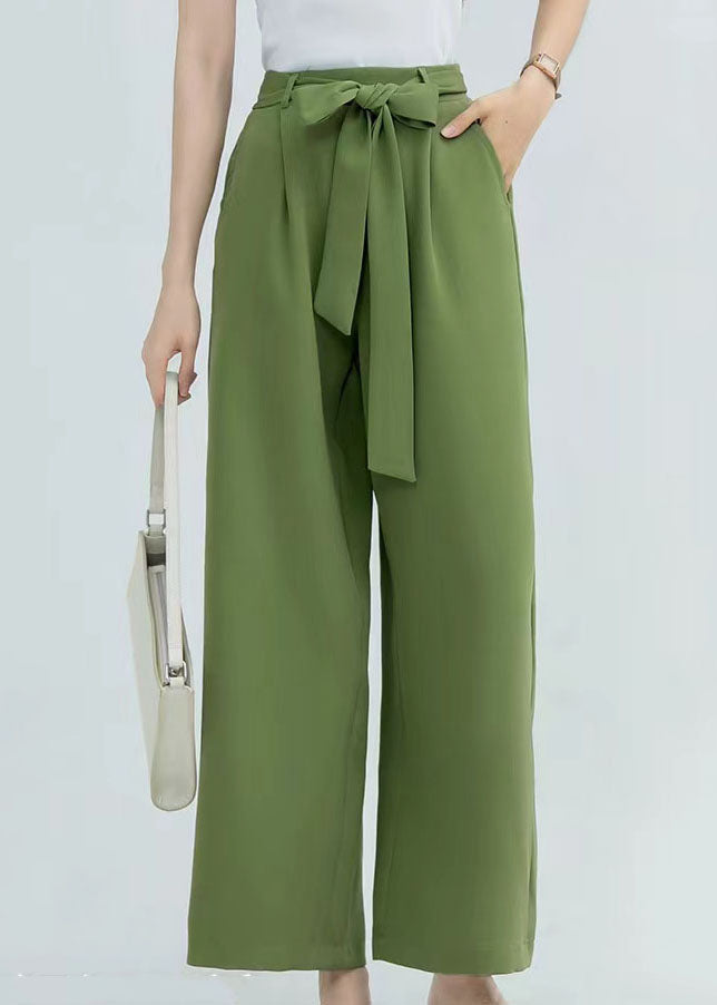 Women Green Wrinkled Bow Pockets Cotton Crop Pants Summer LY2189 - fabuloryshop