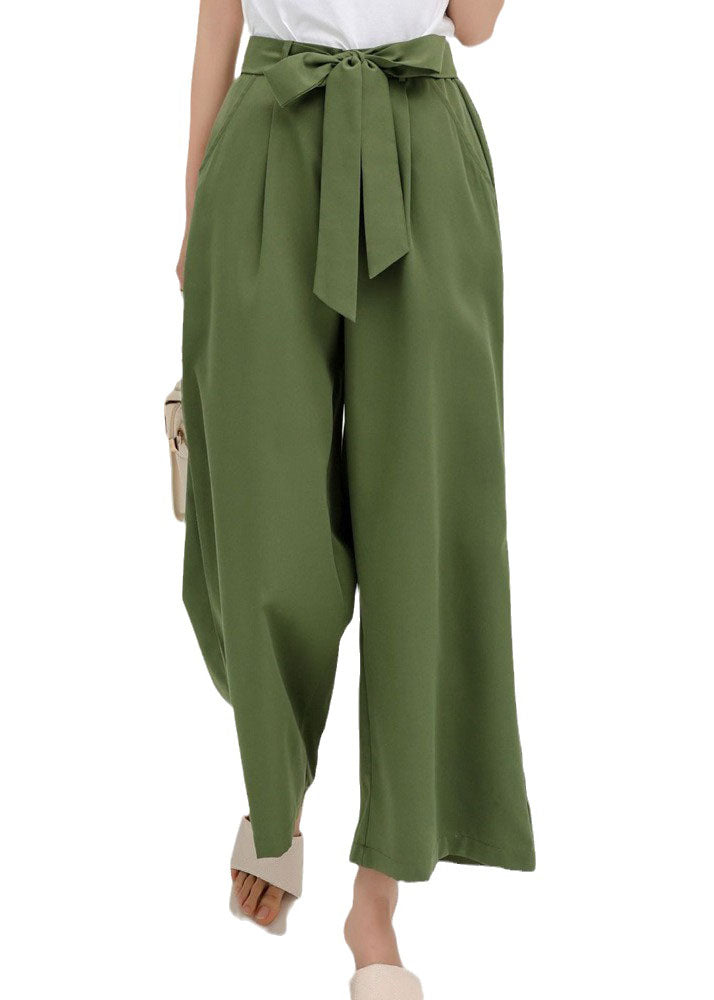 Women Green Wrinkled Bow Pockets Cotton Crop Pants Summer LY2189