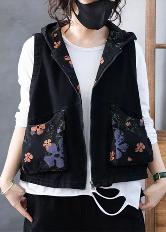 Women Green Zippered Print Hooded Denim Waistcoat Sleeveless Ada Fashion