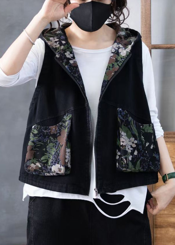 Women Green Zippered Print Hooded Denim Waistcoat Sleeveless Ada Fashion