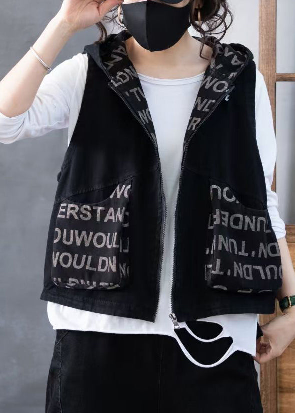 Women Green Zippered Print Hooded Denim Waistcoat Sleeveless Ada Fashion