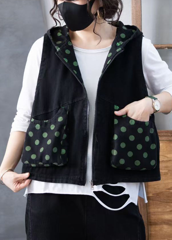 Women Green Zippered Print Hooded Denim Waistcoat Sleeveless Ada Fashion