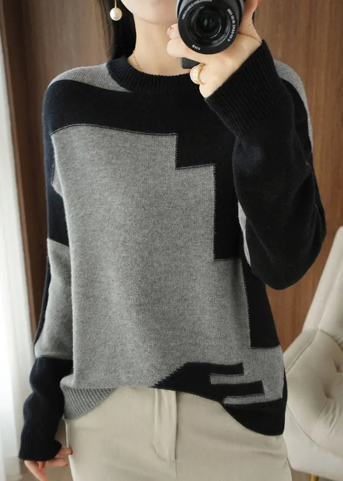 Women Grey Asymmetrical Patchwork Wool Knit Top Fall Ada Fashion