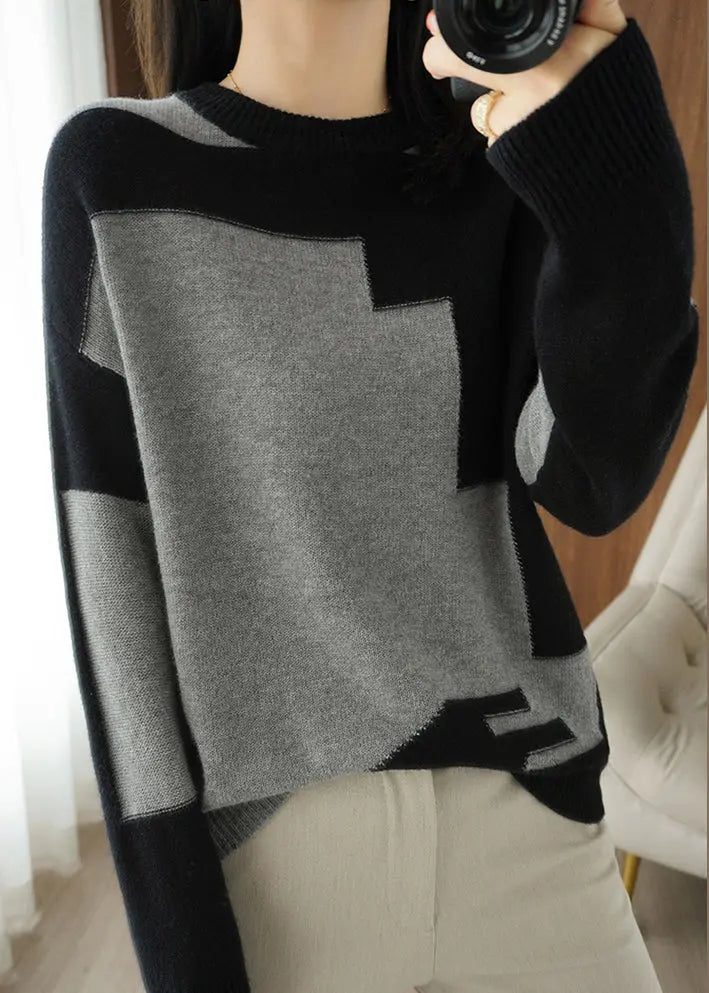 Women Grey Asymmetrical Patchwork Wool Knit Top Fall Ada Fashion