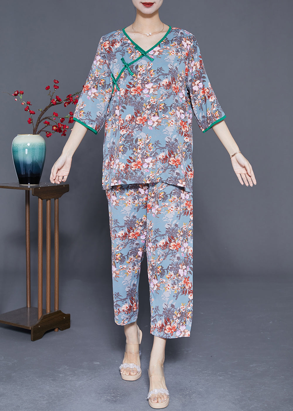 Women Grey Blue Chinese Button Print Silk Two Pieces Set Summer LY3658 - fabuloryshop