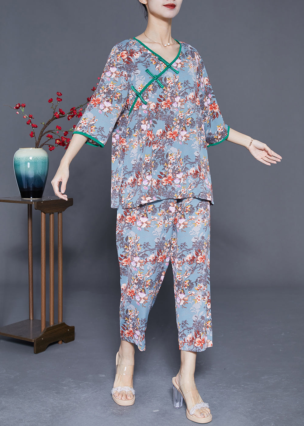 Women Grey Blue Chinese Button Print Silk Two Pieces Set Summer LY3658 - fabuloryshop