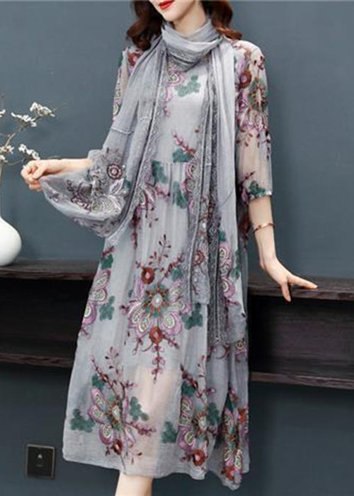 Women Grey Embroideried Scarf Silk Holiday Dress Bracelet Sleeve LY0982 - fabuloryshop