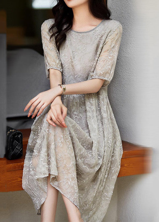 Women Grey Embroideried Wrinkled Patchwork Lace Dresses Summer Ada Fashion